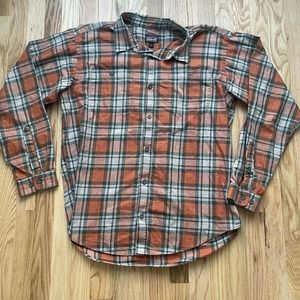 Men's Patagonia Long Sleeve Pima Cotton Orange Gray Plaid Button Up Shirt Sz L